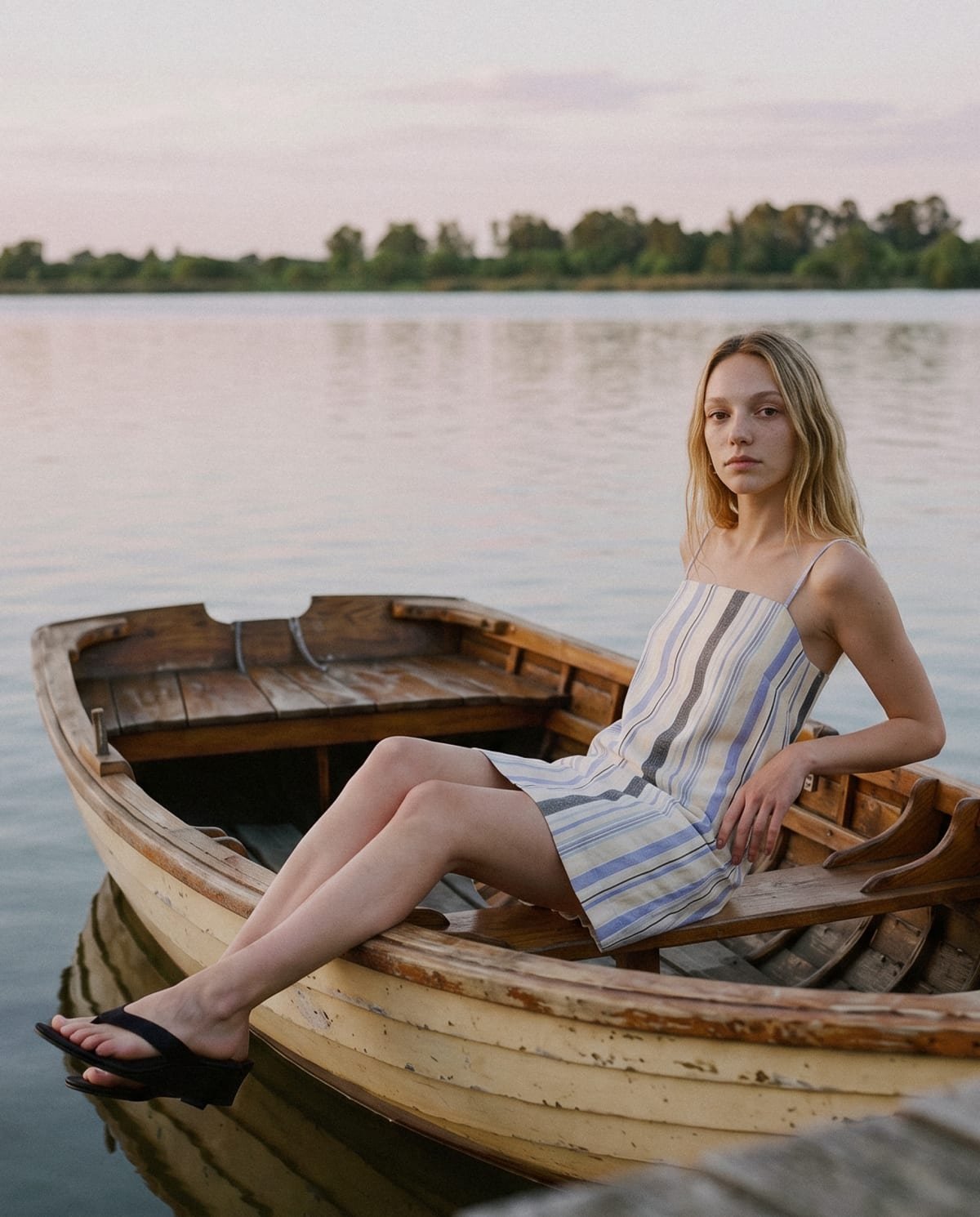 Campaña de Koxis: modelo sentada en un bote sobre el lago, con vestido a rayas
