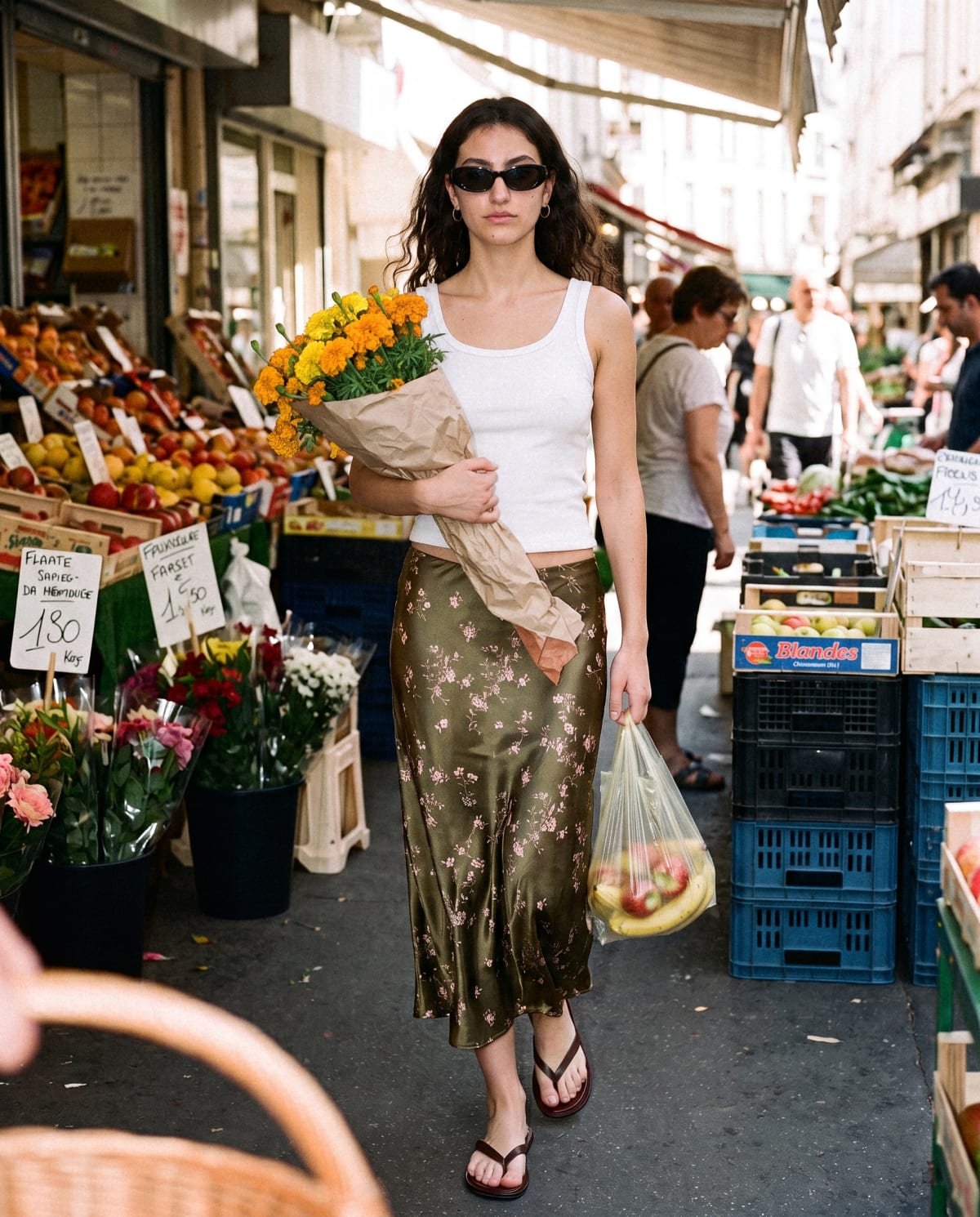 Koxis: musculosa y pollera en un mercado, con flores